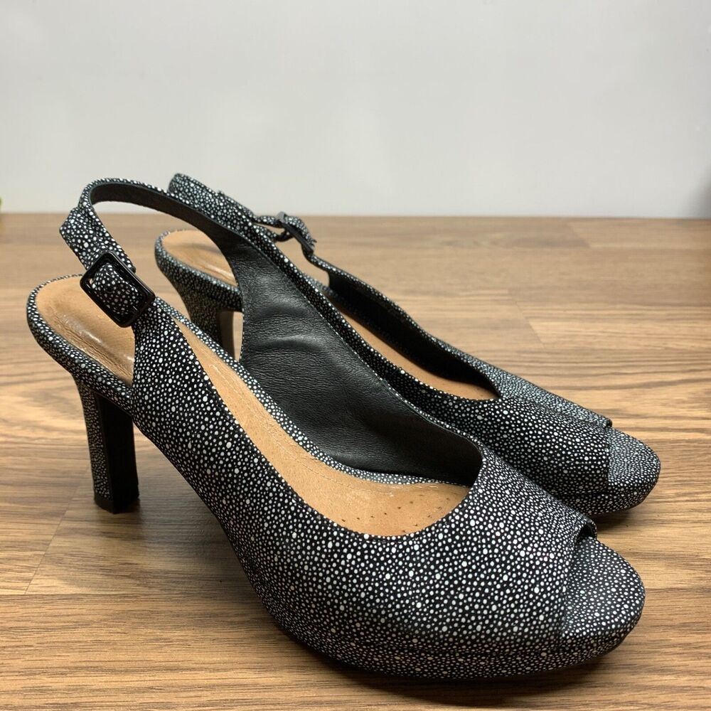 Clarks Womens Mayra Blossom Black‎ Peep Toe Pump Slingback Sandals 7.5 M Heels